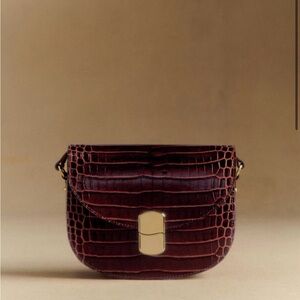 Sezane Claude Dark Brown Croc-Embossed Crossbody Bag